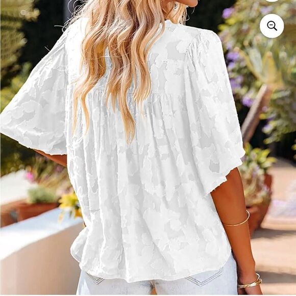 Womens 3 4 Bell Sleeve Blouse Summer Crewneck Lace Floral Textured Babydoll - Picture 2 of 11